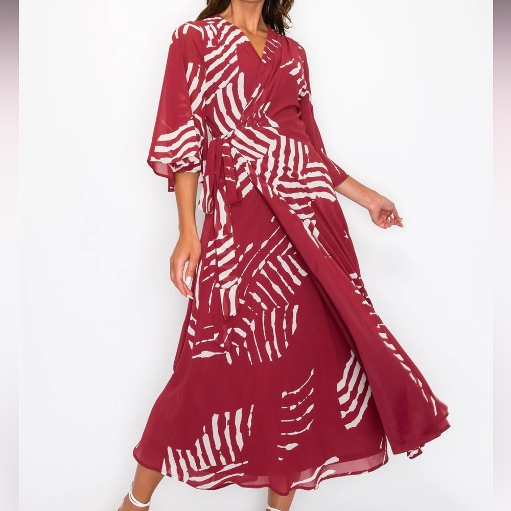 ONETHELAND Chiffon Print Three Fourth Sleeve Wrap V-Neck Maxi Dress Burgundy L